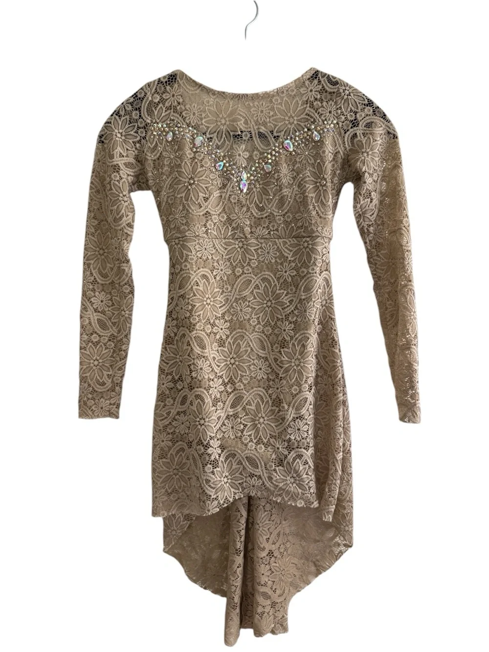Custom Nude Lace Long-Sleeve Dance Dress with Rhinestone Accents